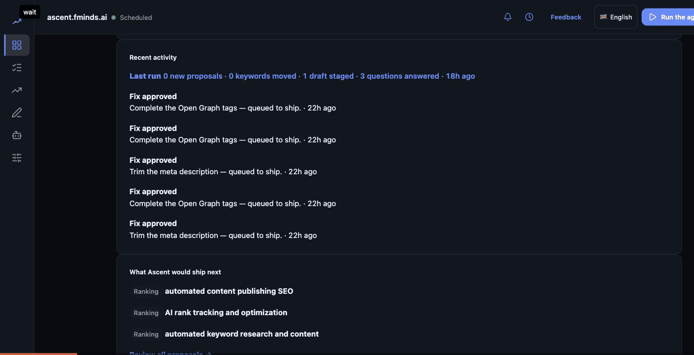Moving from the project overview to the saved audit, then the on-page health list, then the ranked fixes it produced.