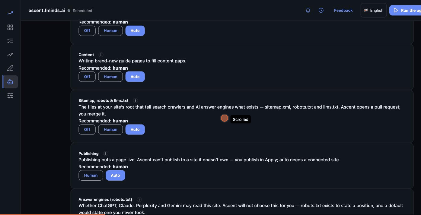 The autonomy screen with a separate off, human and auto choice for meta, keywords, content, sitemap files, publishing and answer engines, and three presets beneath them.