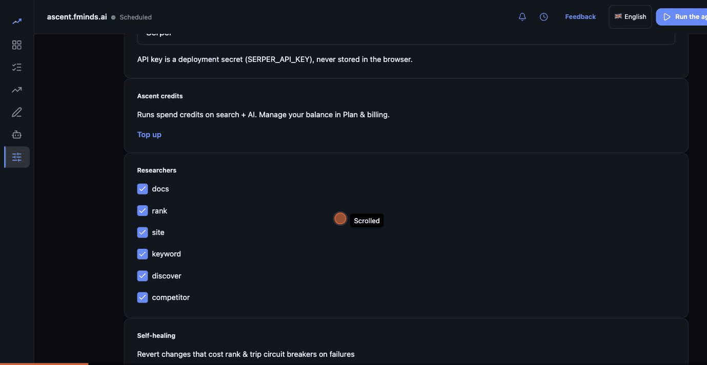 The configuration screen showing the site origin, the SERP provider, the researchers that run, fleet learning, and the GitHub repository pull requests are opened against, followed by the apply worklist handing back a page to paste.